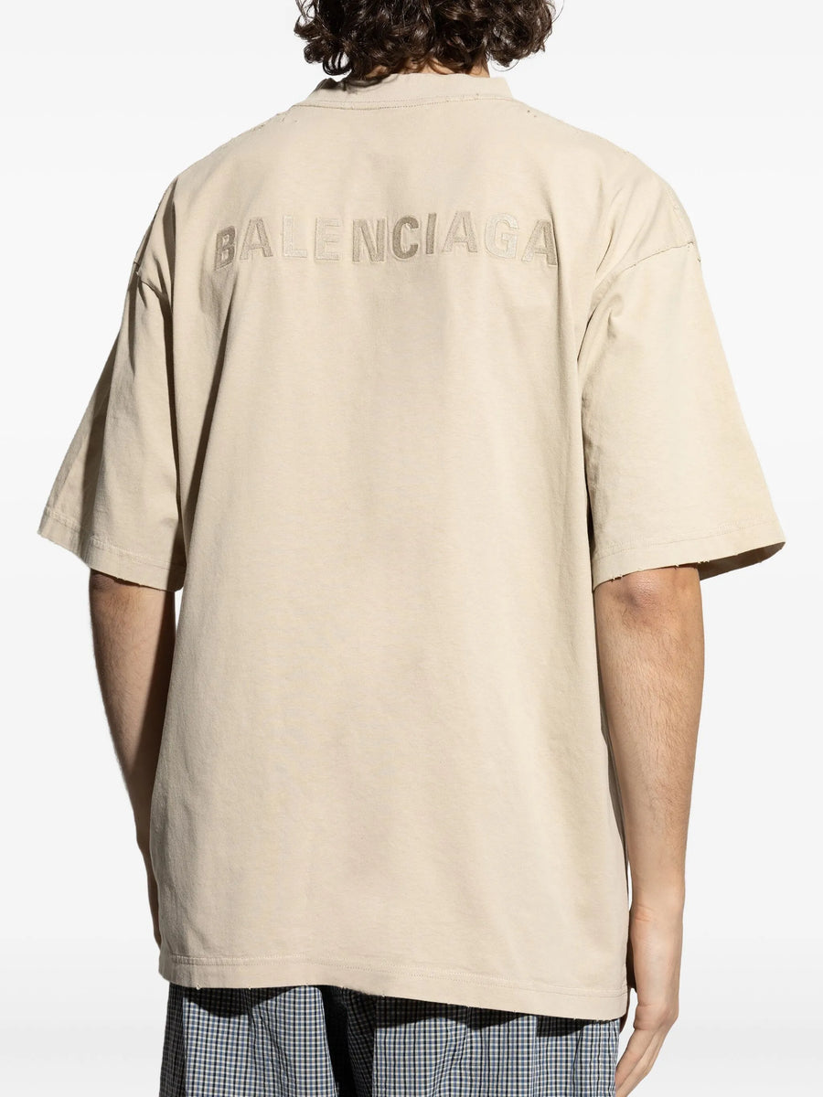 BALENCIAGA - Back Embroidered Jersey T-Shirt Beige